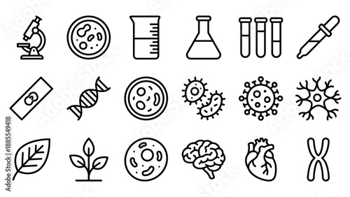 Biology science icons set. Laboratory equipment. Microscope DNA flask virus bacteria brain heart. Medical chemistry research education outline vector collection. Minimalist style.