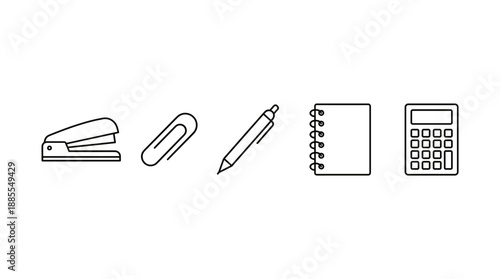 Minimalist Thin Line Vector Icons of Essential Office Supplies Including a Stapler, Paperclip, Ballpoint Pen, Spiral Notebook, and Digital Calculator Isolated on a Clean White Background