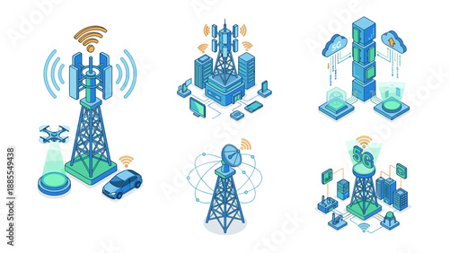 Isometric 5G network connectivity tower vector set. Wireless communication technology, smart city infrastructure, mobile internet, cloud data connection, and IoT devices concept illustration.