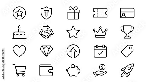 Minimal line icons set for loyalty reward program, membership points, tier badges, coupons, payment cards, gifts, achievements, crown trophy, shopping cart, and wallet concepts