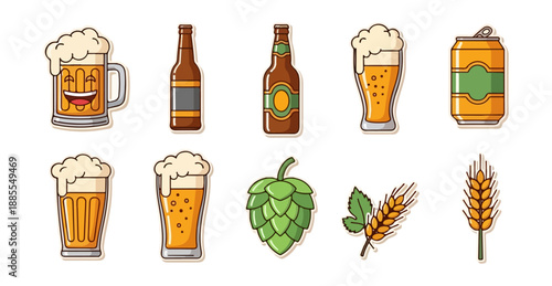 Beer collection bottles mugs and hops illustration
