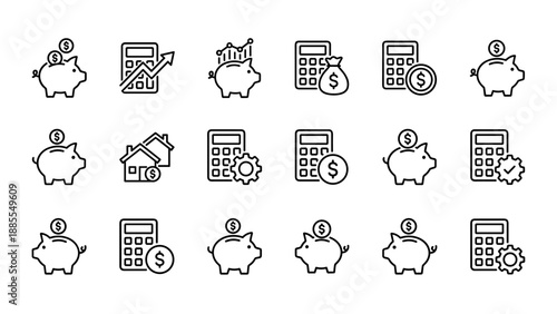 Collection of 18 minimalist financial line icons including piggy banks, calculators, and money symbols for investment, savings, budget planning, accounting, and real estate business concepts.