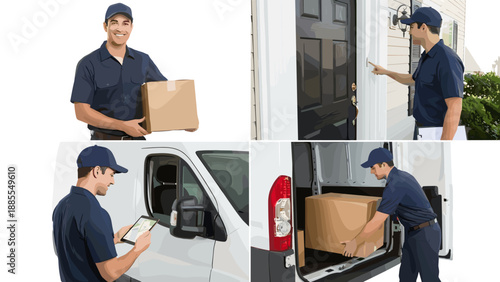 Delivery driver set. Courier man in uniform holding package box, ringing doorbell, checking tablet map and loading cargo van. Logistics shipping service and transportation concept.