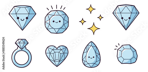 Cartoon diamonds with smiling faces and sparkles vector illustration