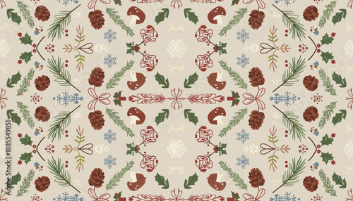 Rustic Christmas seamless pattern with pine cones holly winter florals and snowflakes on linen texture