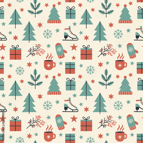 Cute holiday seamless pattern with trees gifts skates and mittens Winter Christmas background