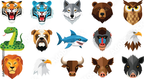 Large collection of flat vector wild animal head icons featuring tiger lion wolf bear shark eagle and snake for sports mascot logos or educational wildlife posters.