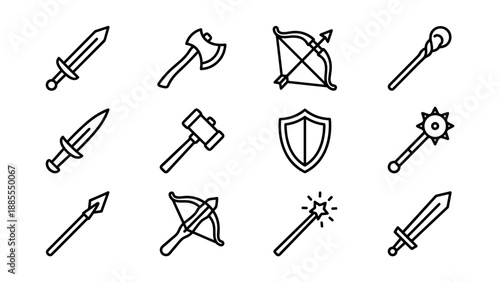 Fantasy RPG game weapon icon set. Medieval armory collection. Sword axe bow arrow shield mace hammer spear. Line art gaming interface. Adventure quest battle equipment. Outline style