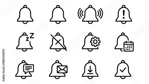 Notification bell line icons set. Alert, alarm and reminder symbols for app UI. Snooze, mute, settings, mail signs. Minimalist outline vector collection. Web interface design.