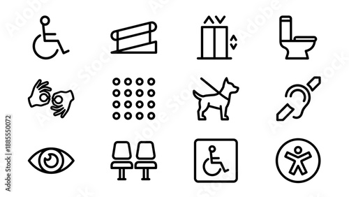 Wheelchair disability accessibility line icon set. Guide dog, ramp, elevator, braille, sign language, restroom, visual impairment symbols. Inclusive design