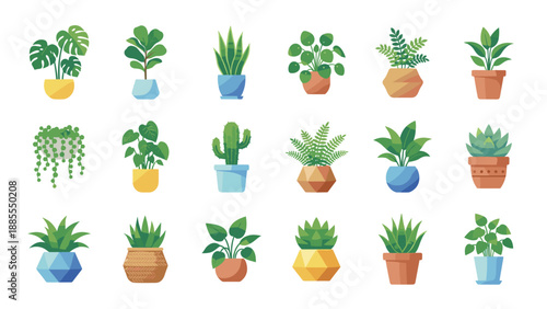 Vector icon set of indoor plants. Modern gradient houseplants in colorful pots. Decorative botanical elements. Green foliage, succulents, cactus, monstera. Nature gardening symbols.