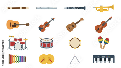 Musical instruments icon set vector collection. Flat design music class equipment. Orchestra band sound. Guitar piano violin drums trumpet. Education melody rhythm. Isolated graphic.