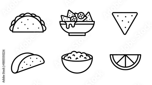 Mexican food vector icons. Taco shell, nachos bowl, salsa dip, lime. Minimalist line art style. Black outline. Restaurant menu elements. Fast food snack. Traditional cuisine symbols.