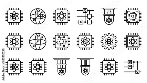 Quantum computing icon set. Future technology processor chip symbols. Qubit atom physics science data concept. Minimalist line art outline style. Digital circuit algorithm cpu.