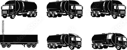 Fuel tanker truck silhouette collection featuring oil and gas transport vehicles vector illustration isolated on white background design