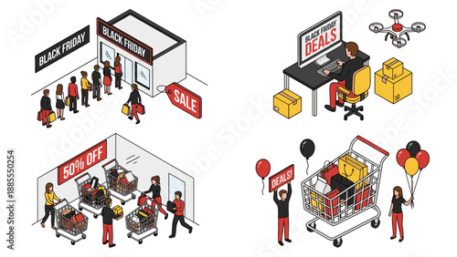 Black Friday sale shopping scenes isometric vector set. People customers retail store queue discount deals online delivery. Shopping cart promotional event concept illustration collection