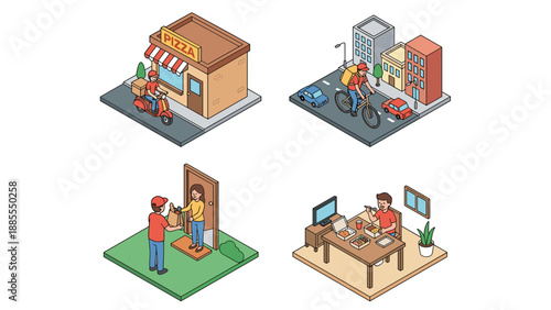Isometric food delivery vector set: pizza restaurant, scooter courier, bicycle rider in city, doorstep handoff, customer eating at home, online order logistics scenes