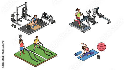 Isometric gym workout scenes vector set. Fitness training equipment illustration. Weightlifting cardio exercise yoga stretching. Health club interior people exercising collection