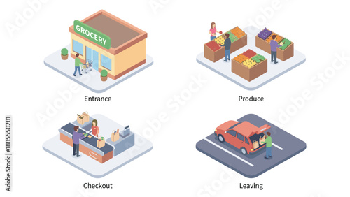 Isometric grocery shopping set. Supermarket store entrance. Customers buying produce. Cashier checkout counter. Loading car. Retail business concept. Vector illustration. Market. 3d.
