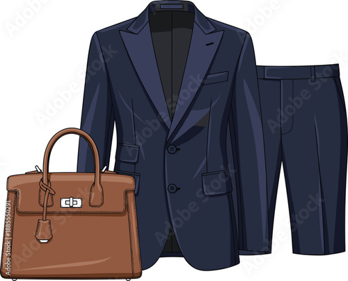Business suit illustration, mens formal blazer and trousers, leather briefcase accessory, professional office fashion outfit, elegant corporate style vector design