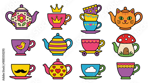 Whimsical tea party vector icon set. Colorful teapots teacups collection. Cute decorative flat style kitchenware. Crown flower cat mushroom bird hearts design elements