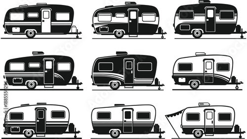 Vintage travel trailer silhouette set featuring multiple camper caravan designs isolated on white background for camping and recreation