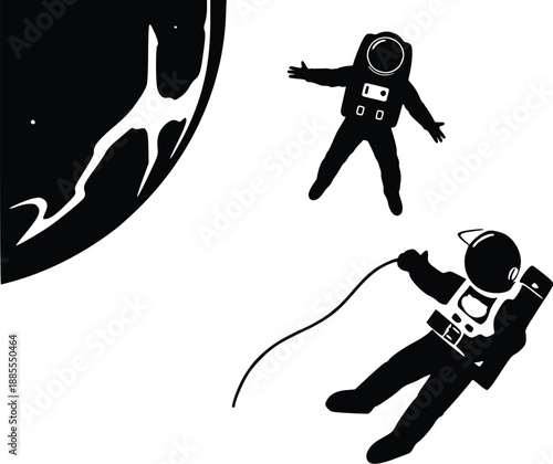 Astronaut Floating with Tether Silhouette Vector – Spacewalk Illustration