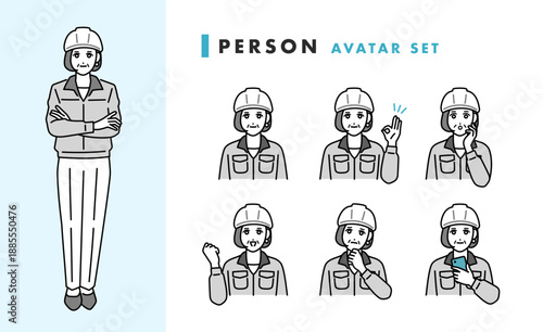 ヘルメットをかぶった作業着を着た女性の管理職のアバターセット