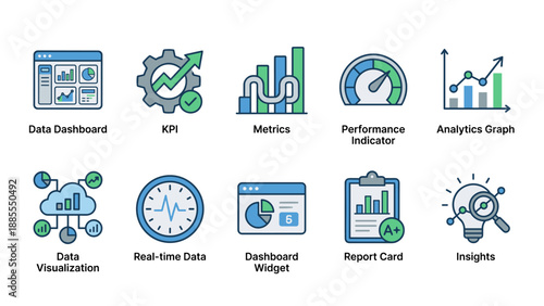 Dashboard and analytics icons set. Data visualization symbols. Business performance metrics. KPI graph chart widget report. Statistics infographic. Management tools. Strategy vector.