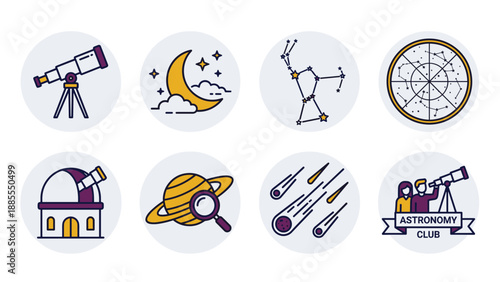Astronomy icons set. Telescope, observatory, planet, constellation, meteor shower, star chart. Stargazing space symbols. Science education. Galaxy universe design. Cosmos research.
