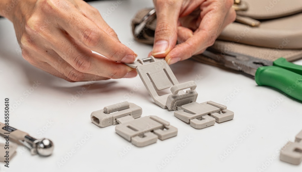 Fototapeta premium Closeup medium frame showing hands assembling matte polymer 3Dprinted clasps highlighting lightweight and customizable design features for ecofriendly handbag production.