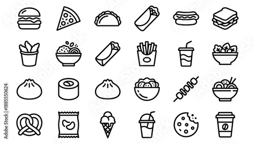 Fast food icon set vector collection. Minimal monoline outline style. Restaurant menu symbols. Burger pizza taco fries drink. Delicious junk food snack. Takeaway meal. Linear design.