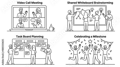 Remote team collaboration set. Video call meeting virtual conference brainstorming session whiteboard planning task board workflow celebrating milestone achievement success teamwork