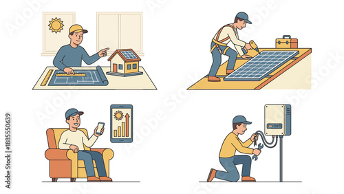 Solar panel installation process workflow. Renewable energy planning design maintenance repair. Technician worker installing photovoltaic system on roof. Green electricity technology concept