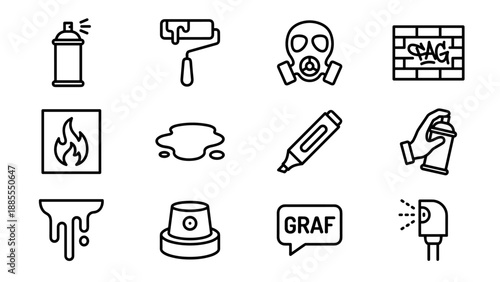 Street art, graffiti icons set. Spray paint can, gas mask, marker, brick wall tag. Urban culture vector collection. Minimalist outline style. Hip hop elements. Vandalism tools.