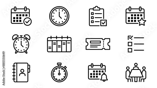 Calendar schedule planner icon set. Time management clock alarm checklist appointment reminder ticket. Minimalist line vector symbols. Business productivity organizer