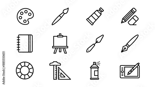 Art supplies line icon set. Paint palette brush easel canvas sketchbook pencil eraser pen ruler spray paint graphic tablet. Creative artist tools collection outline style