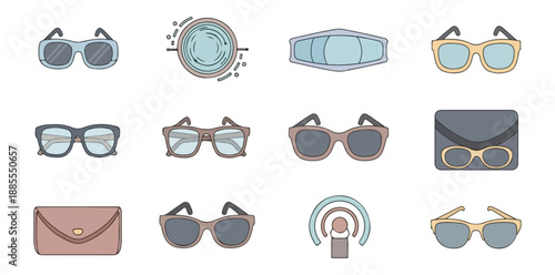 Collection of sunglasses and accessories isolated on black background