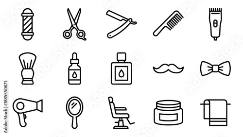 Barber shop grooming line icons set. Minimalist vector symbols. Scissors razor comb clipper mustache beard oil shaving brush mirror chair towel. Men salon haircut style beauty.