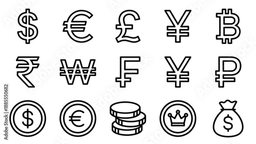 Currency symbols collection line icons dollar euro pound yen bitcoin rupee money sign finance banking global exchange international payment minimal outline vector