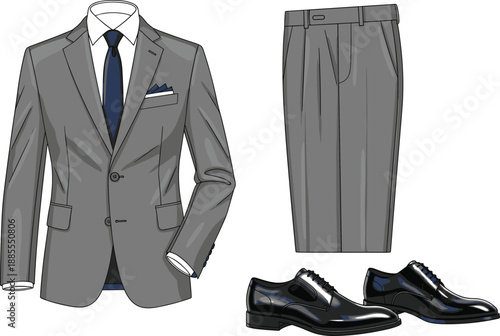 Mens formal suit illustration, classic gray business outfit with blazer trousers and leather shoes, professional office fashion set, elegant corporate vector design
