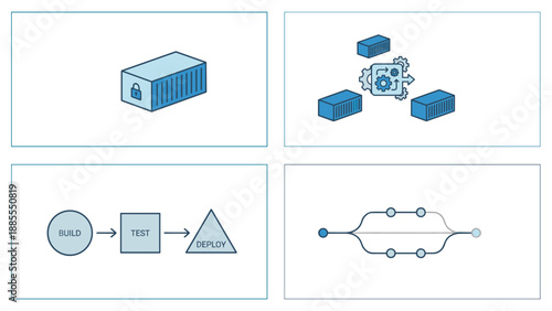 DevOps cloud computing icon set. CI/CD pipeline, container orchestration, git branching workflow, docker box. Software development infrastructure process. Tech deployment automation icons.