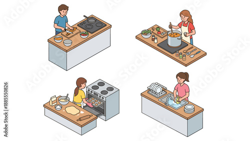 Isometric kitchen cooking set. Man chopping vegetables. Woman stirring soup. Baking in oven. Washing dishes. Domestic culinary routine. Meal preparation. Vector illustration.