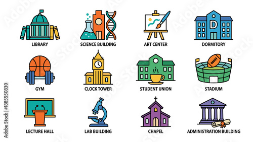 University Campus Buildings Vector Icon Set. College Facilities Flat Design. Library Dormitory Stadium Gym Chapel Lab. Education School Architecture Symbols. Academic Icons