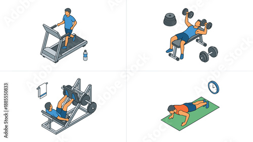Isometric gym workout set. Fitness man training. Treadmill running. Dumbbell bench press. Leg press machine. Push up exercise. Healthy lifestyle concept. Sport vector graphic.