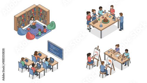Isometric classroom education set. School learning scenes. Science lab experiment. Computer technology coding. Art class painting easel. Reading library corner. Vector bundle.