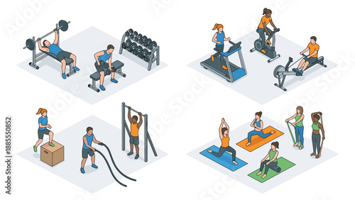 Isometric gym workout set. Fitness people training. Weightlifting cardio functional yoga. Men women exercising. Sport equipment dumbbells treadmill rowing. Bodybuilding concept.