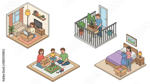Isometric people unboxing packages. Online shopping delivery. Family toys, woman dress, man plant. E-commerce lifestyle. Customer receiving cardboard box. Parcel shipping concept.