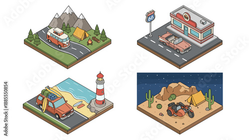 Isometric road trip adventure scenes. Camping mountains van. Retro diner car. Beach lighthouse surfing. Desert motorcycle. Travel vacation. 3D map landscape. Summer journey. Tourism.