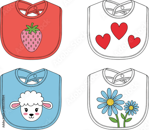 Vector set of four cute baby bibs with strawberry heart sheep and flower designs, infant feeding accessories with snap fasteners, colorful newborn clothing illustration.